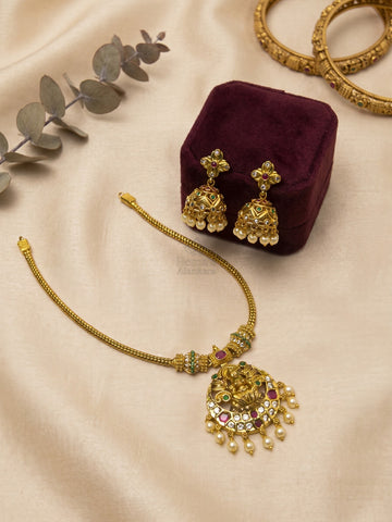 Divine Lakshmi Temple Pendant Necklace Set with Jhumka Earrings | Antique Gold Temple Jewellery