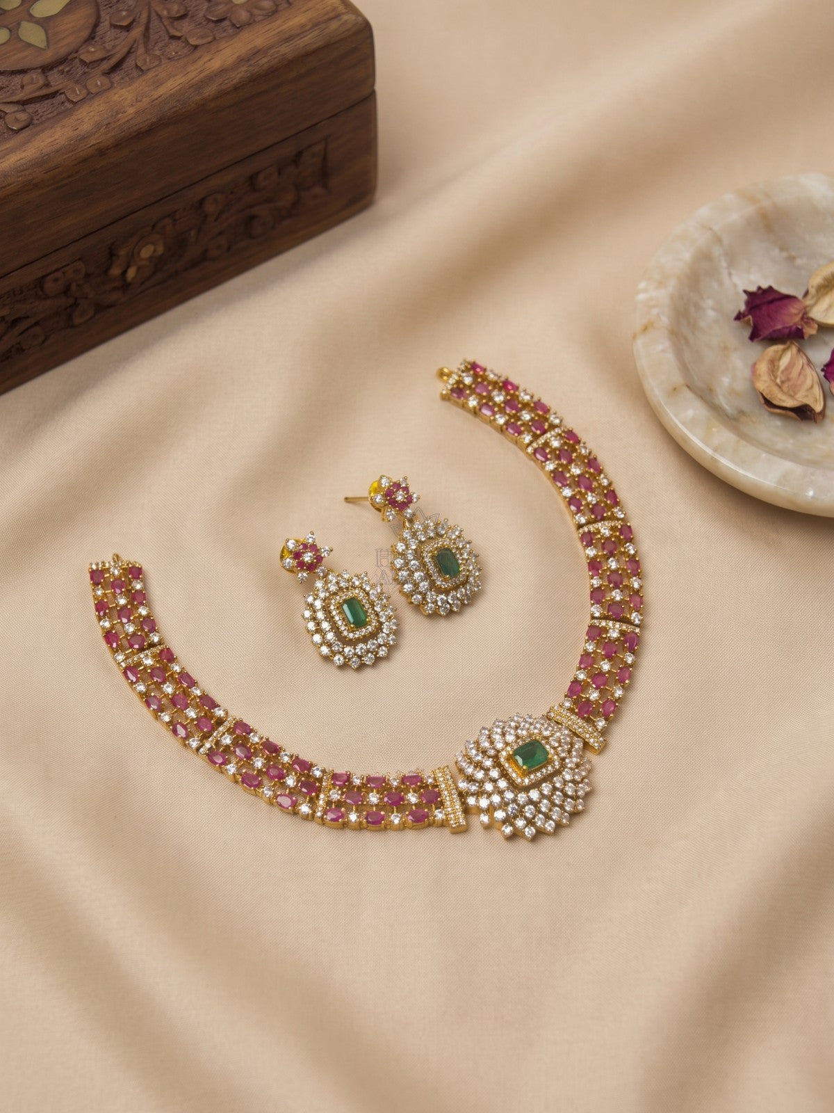 Emerald Royale Ruby Choker Necklace Set | Gold Finish Bridal CZ Jewellery for Women