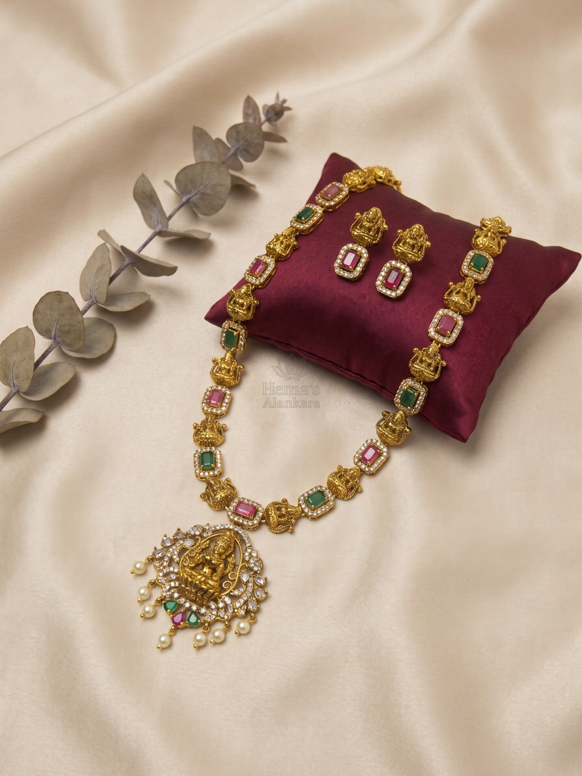 Premium Multistone Lakshmi Necklace with Temple Pendant and Earrings