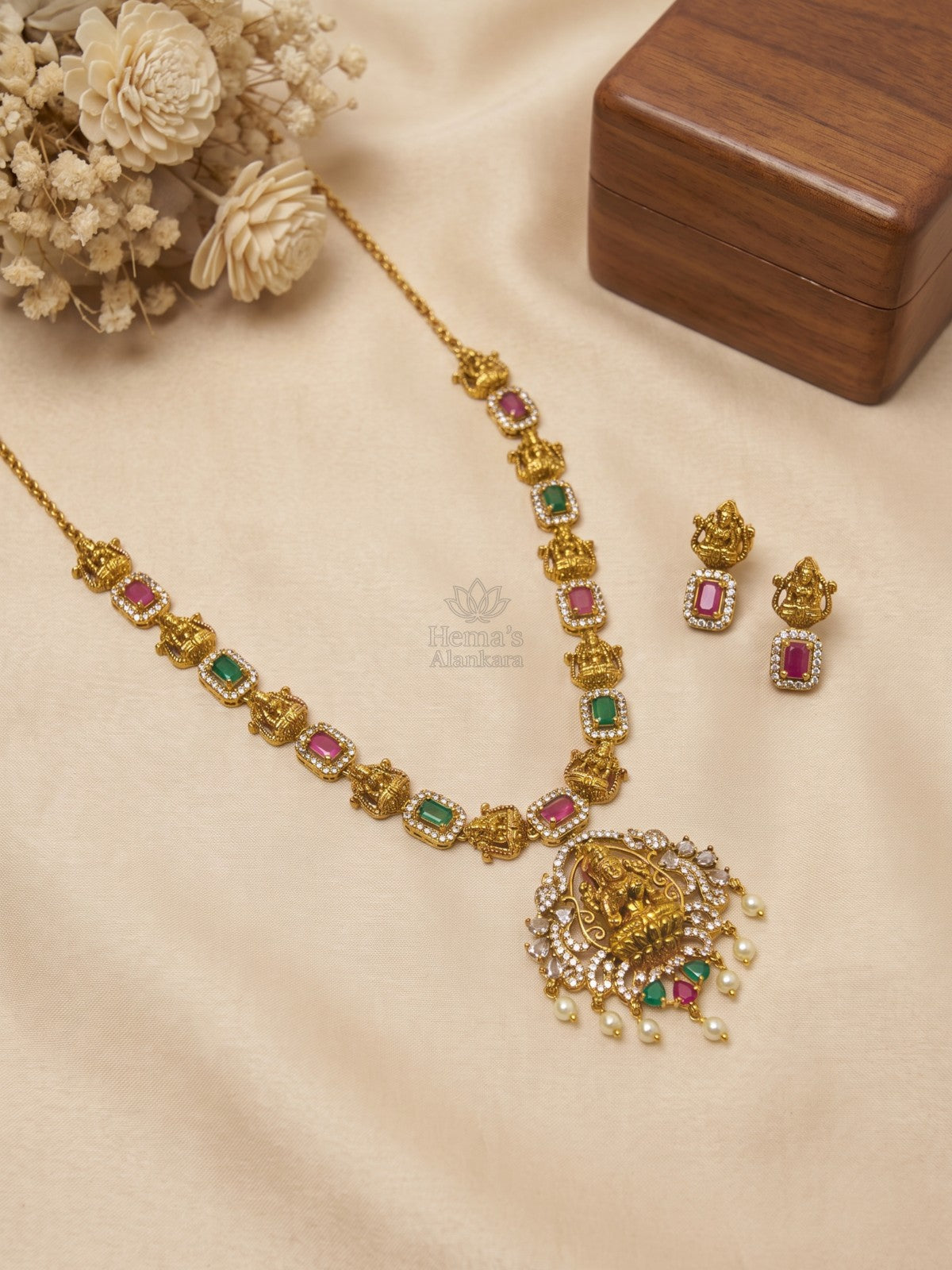 Premium Multistone Lakshmi Necklace with Temple Pendant and Earrings