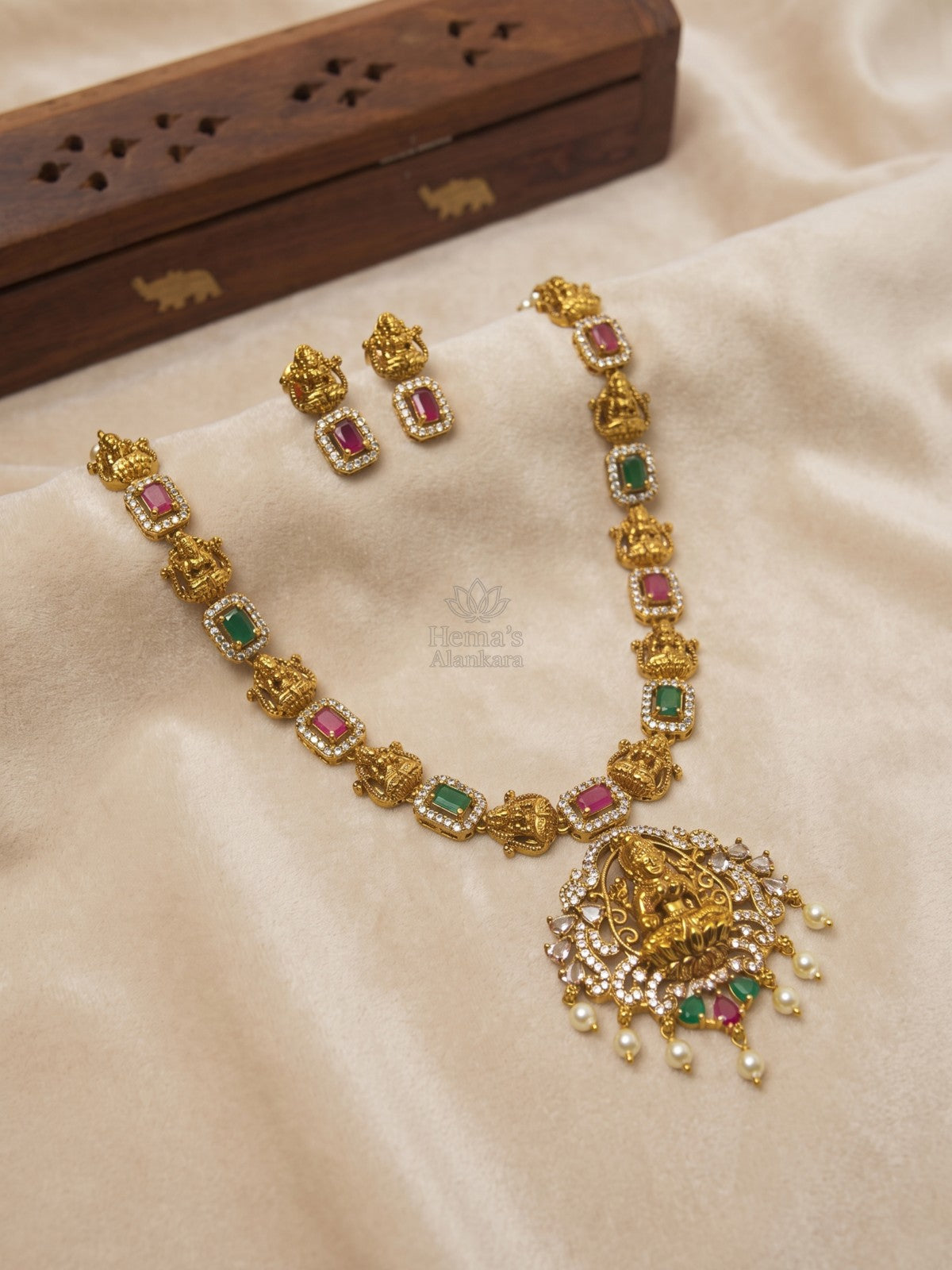 Premium Multistone Lakshmi Necklace with Temple Pendant and Earrings