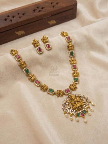 Premium Multistone Lakshmi Necklace with Temple Pendant and Earrings