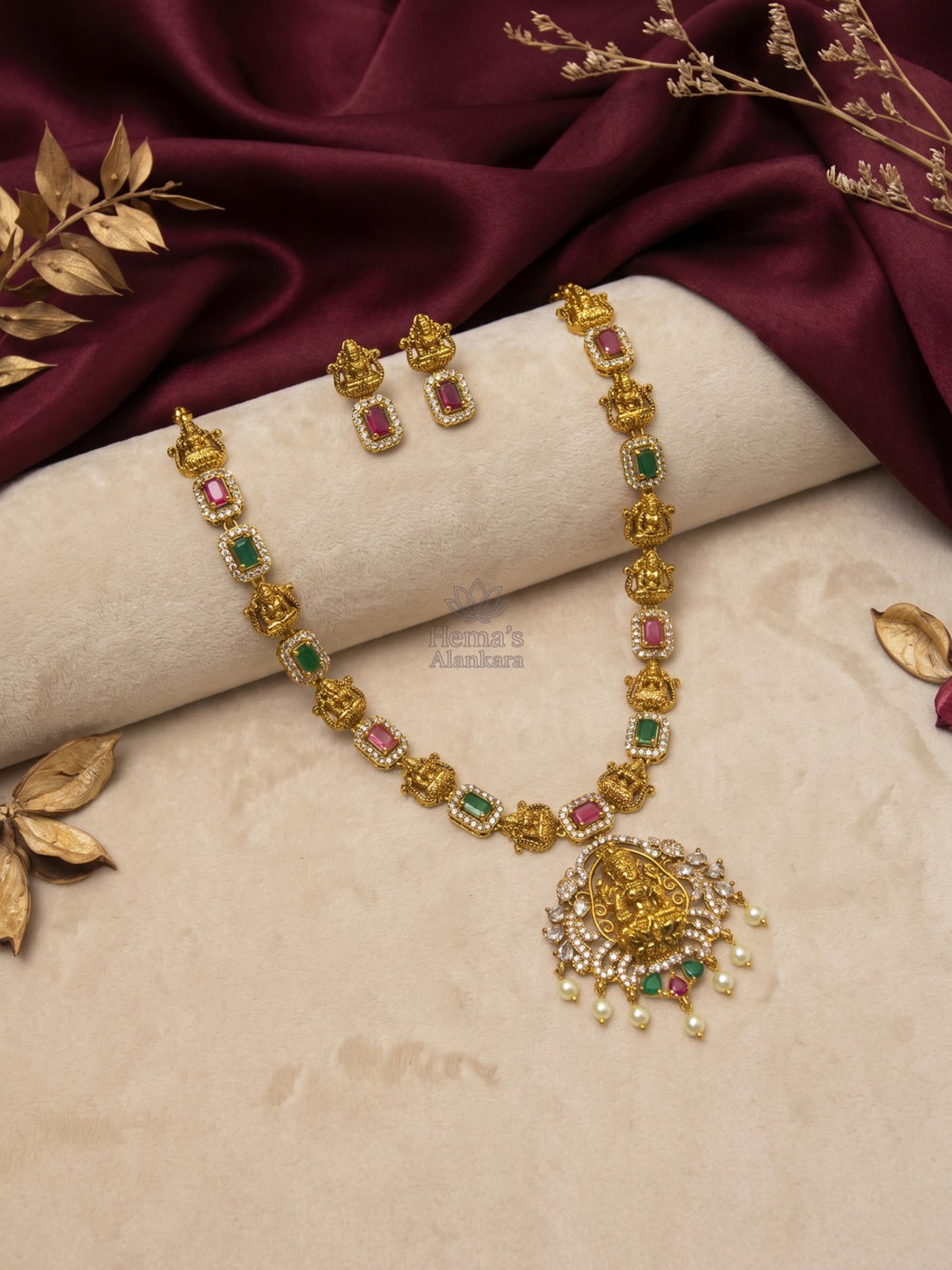 Premium Multistone Lakshmi Necklace with Temple Pendant and Earrings