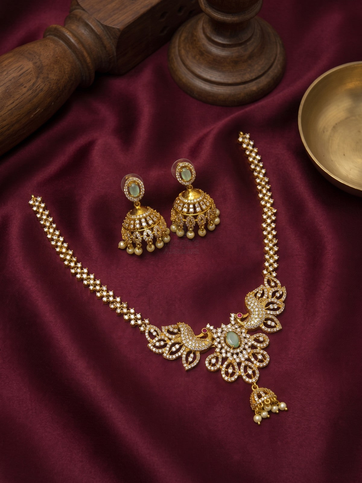Regal Peacock Zircon Necklace Set with Jhumka Earrings | Gold Finish CZ Bridal Jewellery
