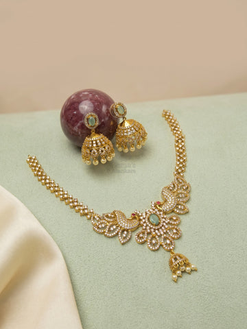 Regal Peacock Zircon Necklace Set with Jhumka Earrings | Gold Finish CZ Bridal Jewellery