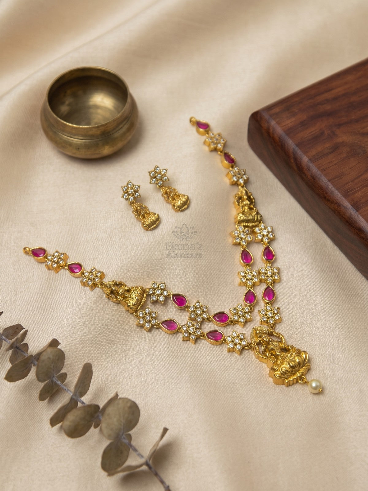 Royal Pink Layered Lakshmi Necklace Set with Earrings | Antique Gold Temple Jewellery