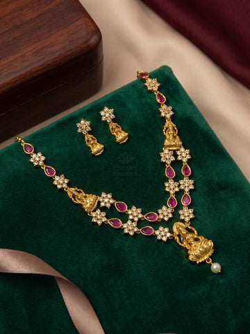 Royal Pink Layered Lakshmi Necklace Set with Earrings | Antique Gold Temple Jewellery