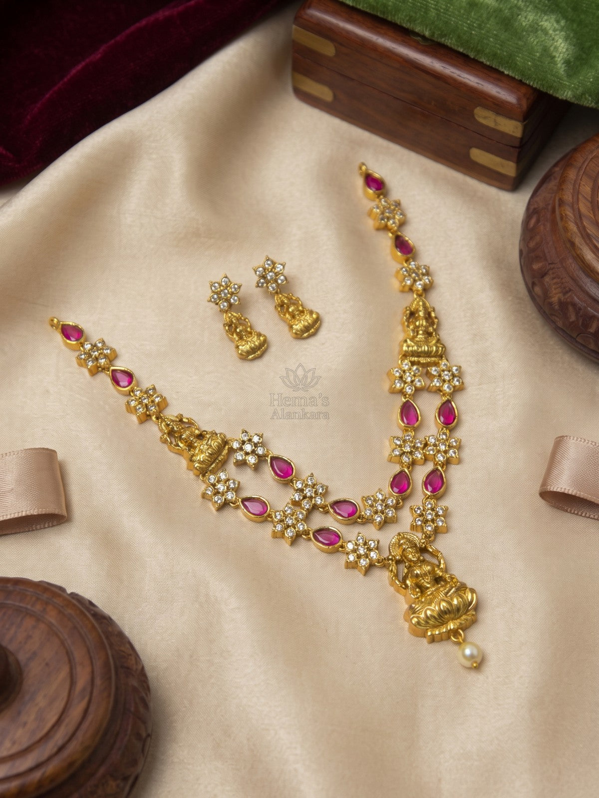 Royal Pink Layered Lakshmi Necklace Set with Earrings | Antique Gold Temple Jewellery