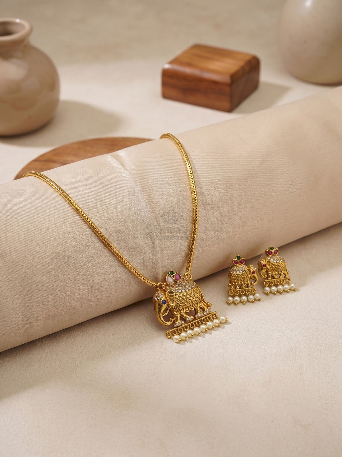 Royal Gaja Temple Pendant Necklace Set with Earrings