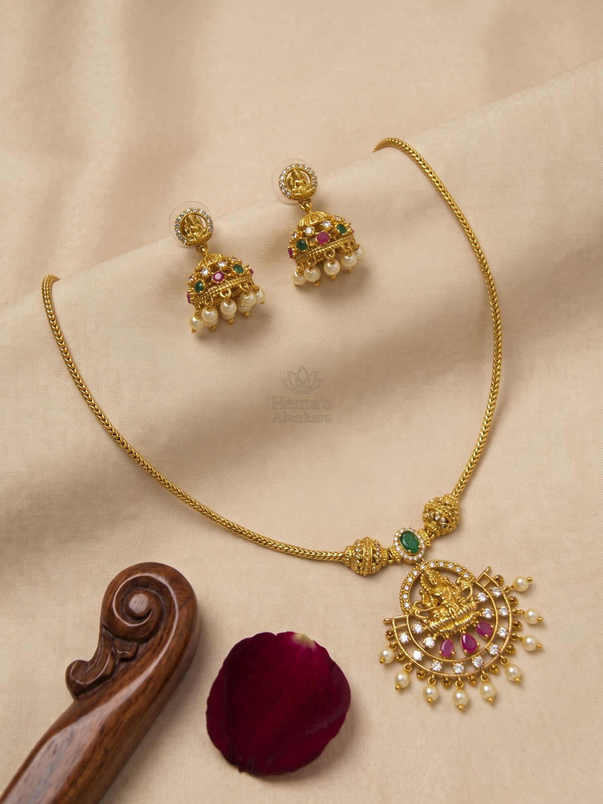 Aishwarya Lakshmi Pink Antique Set with colourful Jhumkas