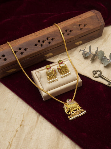 Royal Gaja Temple Pendant Necklace Set with Earrings