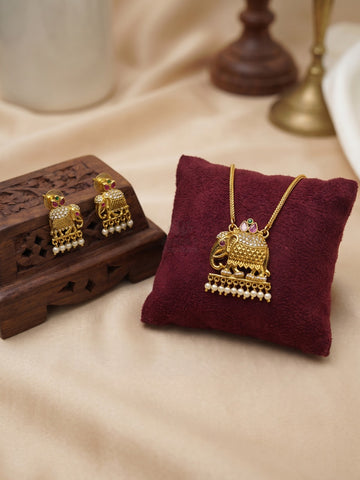 Royal Gaja Temple Pendant Necklace Set with Earrings