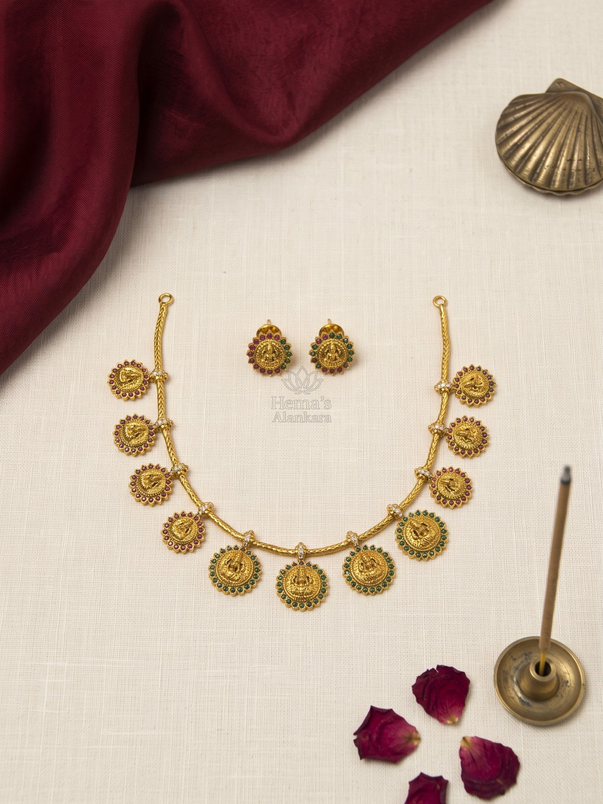 Lakshmi Charm Temple Necklace Set with Stud Earrings | Antique Gold Traditional Jewellery
