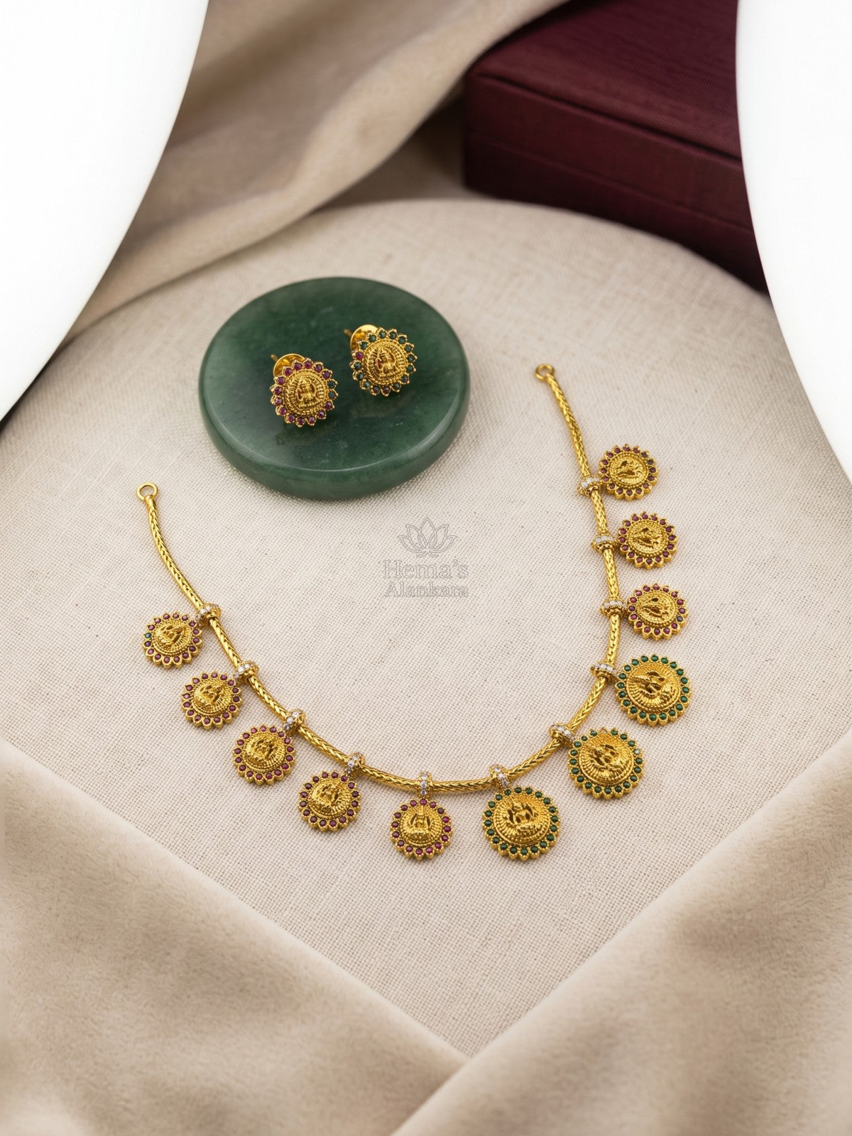 Lakshmi Charm Temple Necklace Set with Stud Earrings | Antique Gold Traditional Jewellery