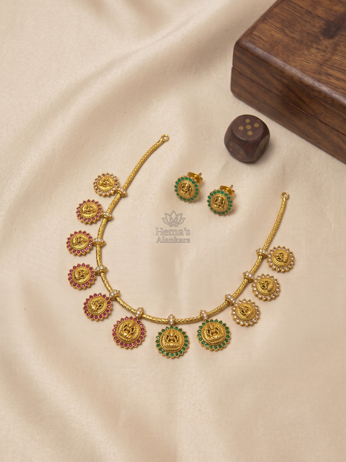 Lakshmi Charm Temple Necklace Set with Stud Earrings | Antique Gold Traditional Jewellery