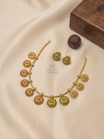 Lakshmi Charm Temple Necklace Set with Stud Earrings | Antique Gold Traditional Jewellery