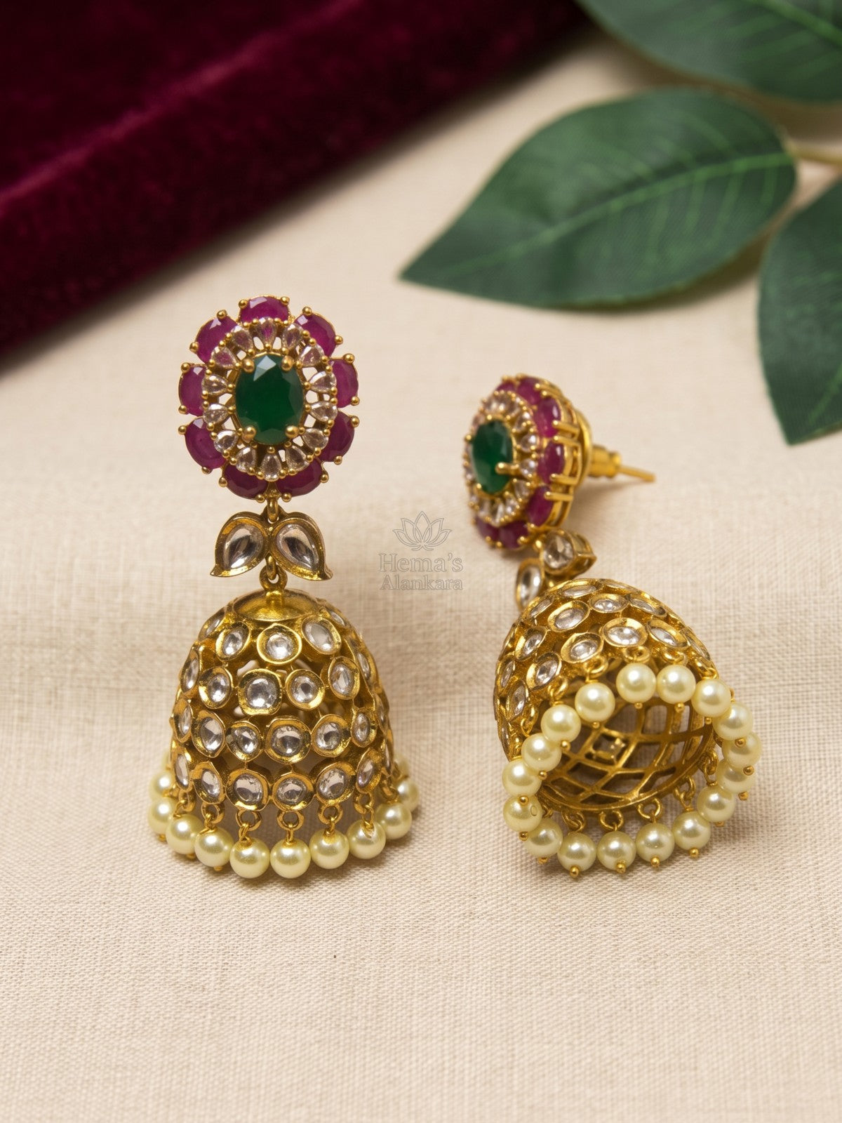Antique Gold Ruby Emerald Kundan Jhumka Earrings with Pearl Drops