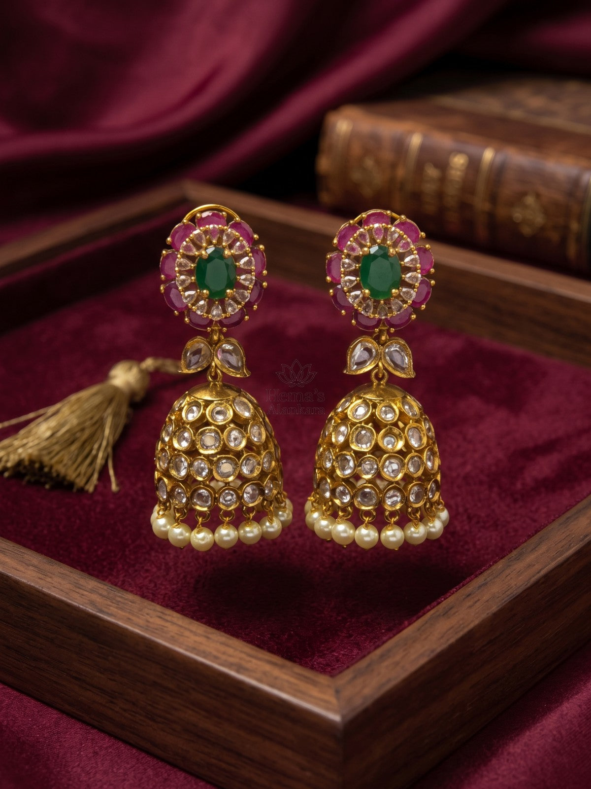 Antique Gold Ruby Emerald Kundan Jhumka Earrings with Pearl Drops