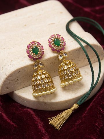 Antique Gold Ruby Emerald Kundan Jhumka Earrings with Pearl Drops