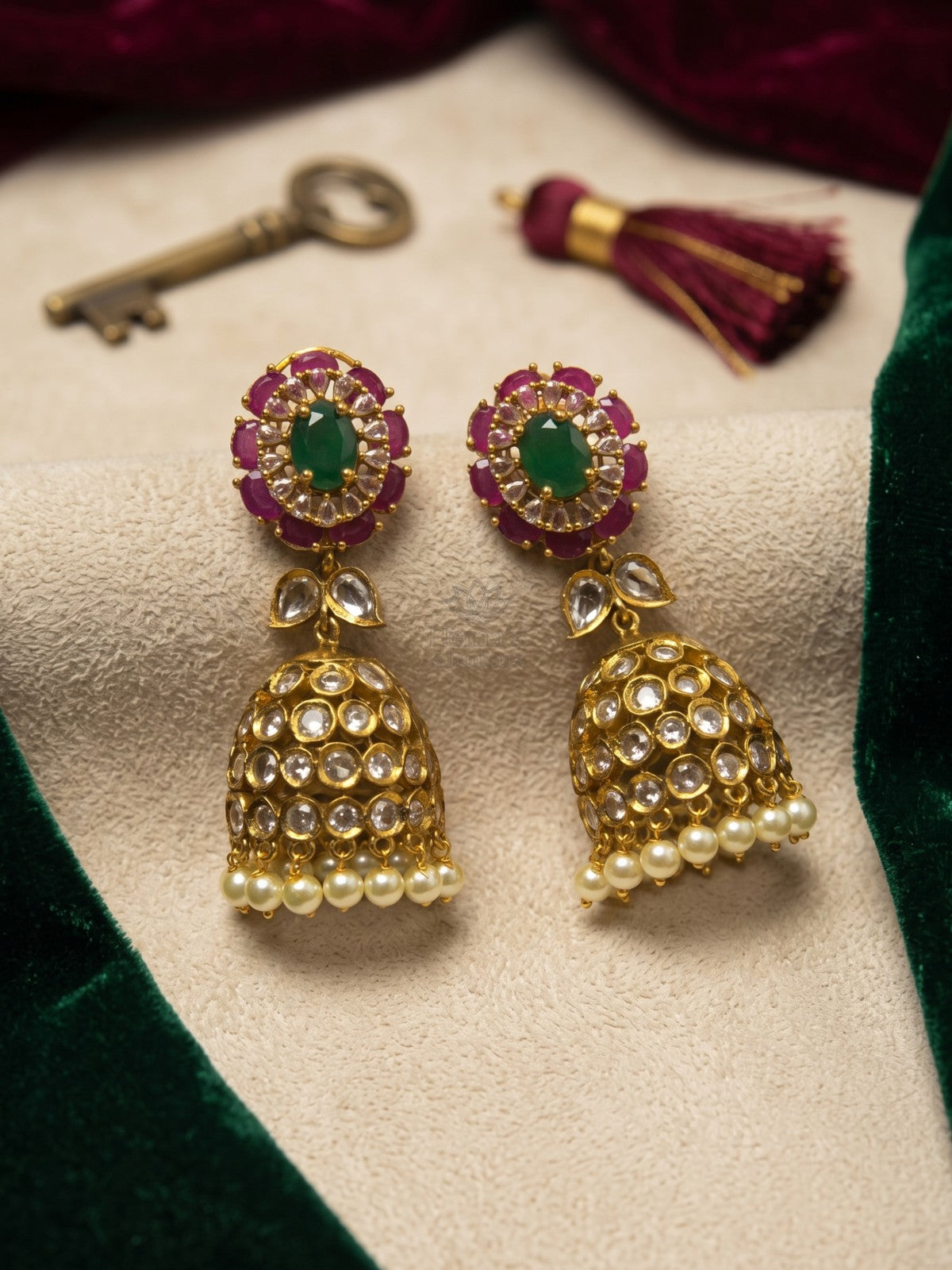 Antique Gold Ruby Emerald Kundan Jhumka Earrings with Pearl Drops