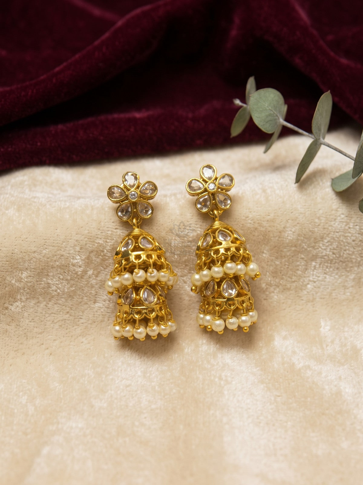 Antique Gold Kundan Pearl Double Layer Jhumka Earrings
