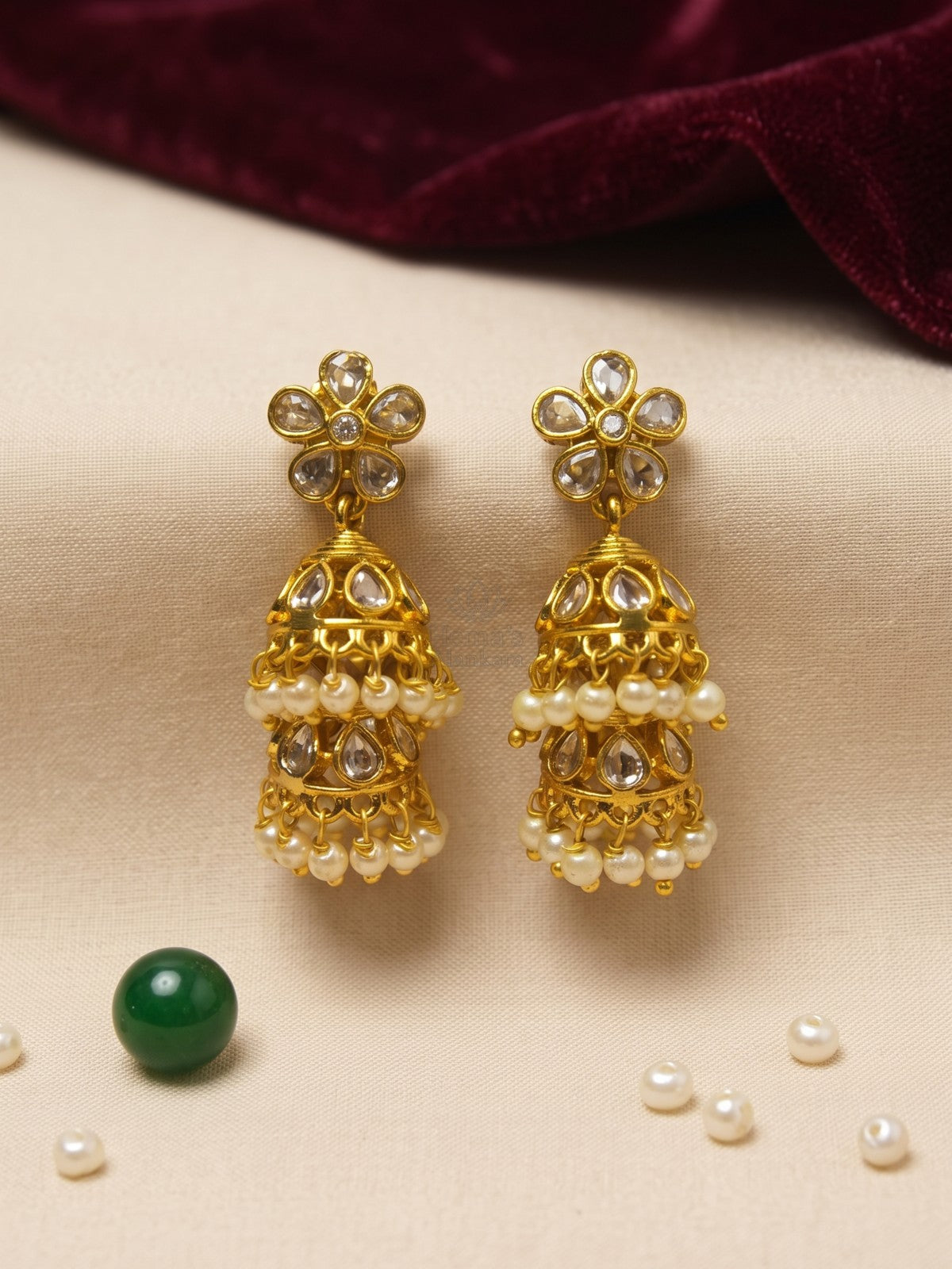 Antique Gold Kundan Pearl Double Layer Jhumka Earrings