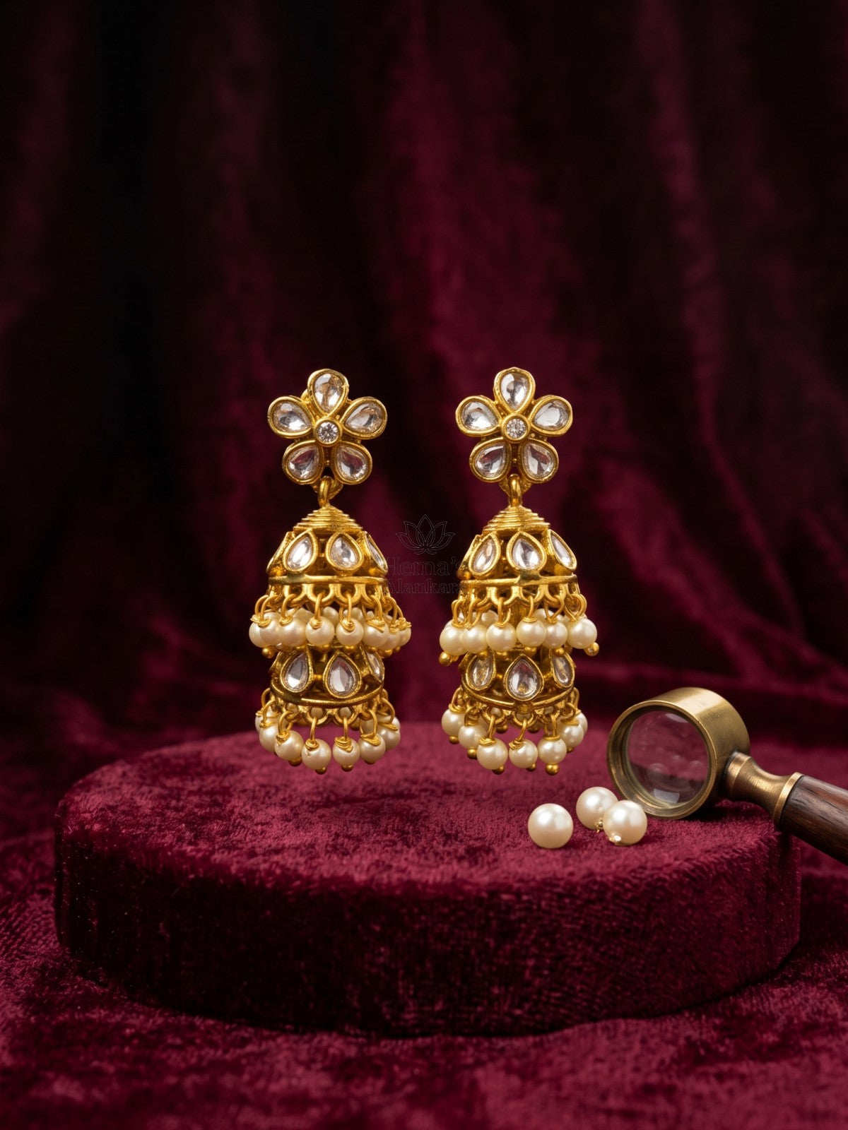 Antique Gold Kundan Pearl Double Layer Jhumka Earrings