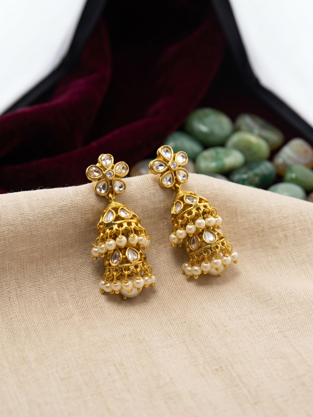 Antique Gold Kundan Pearl Double Layer Jhumka Earrings