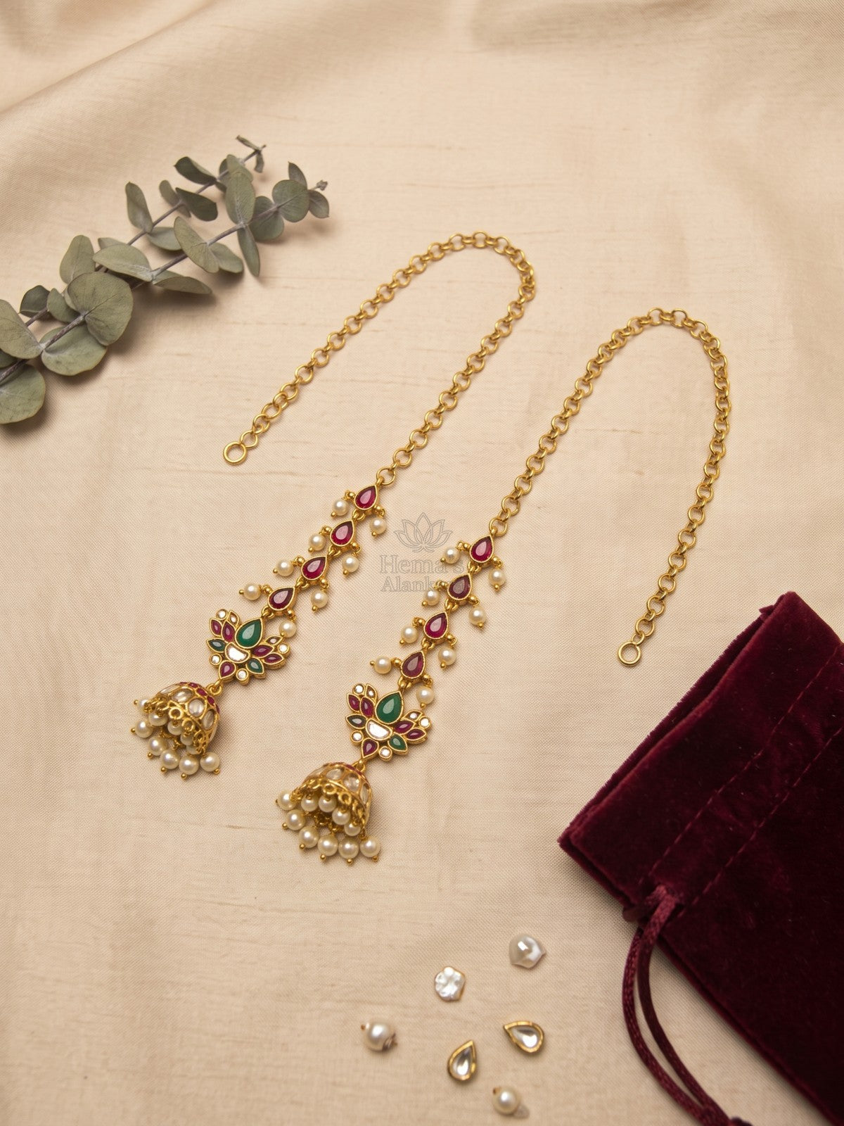 Antique Gold Kemp Stone Kundan Style Chain Pair Jhumkas
