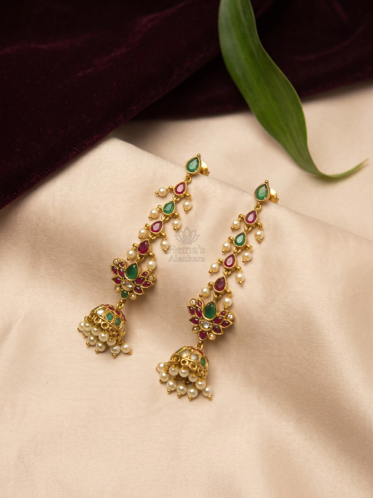 Antique Gold Kemp Stone Kundan Style Chain Pair Jhumkas