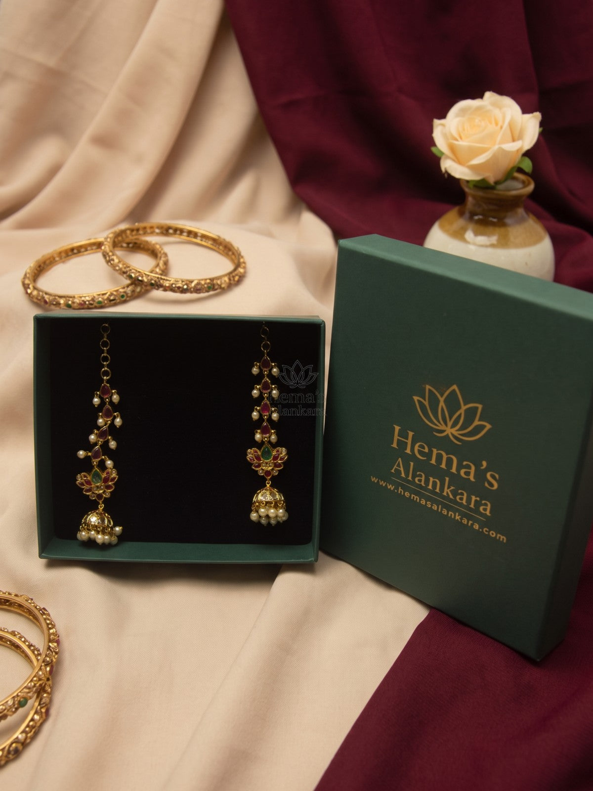 Antique Gold Kemp Stone Kundan Style Chain Pair Jhumkas