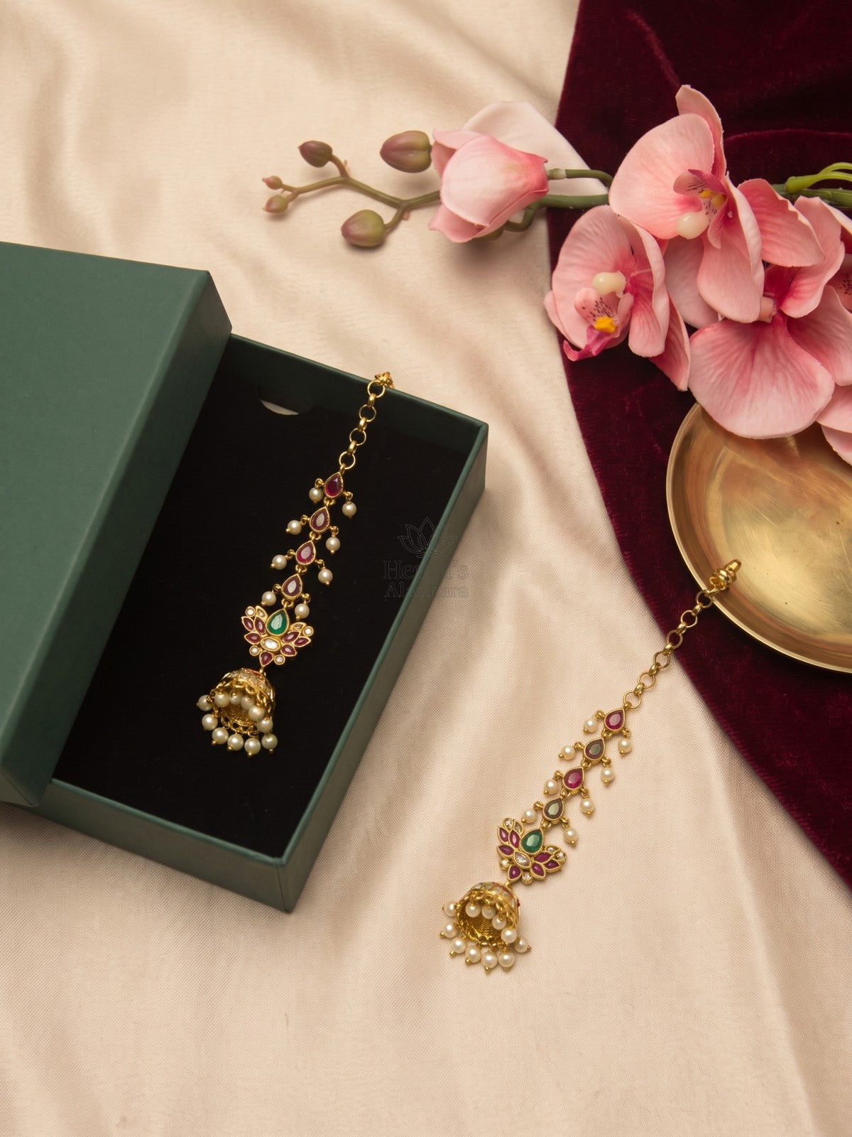 Antique Gold Kemp Stone Kundan Style Chain Pair Jhumkas