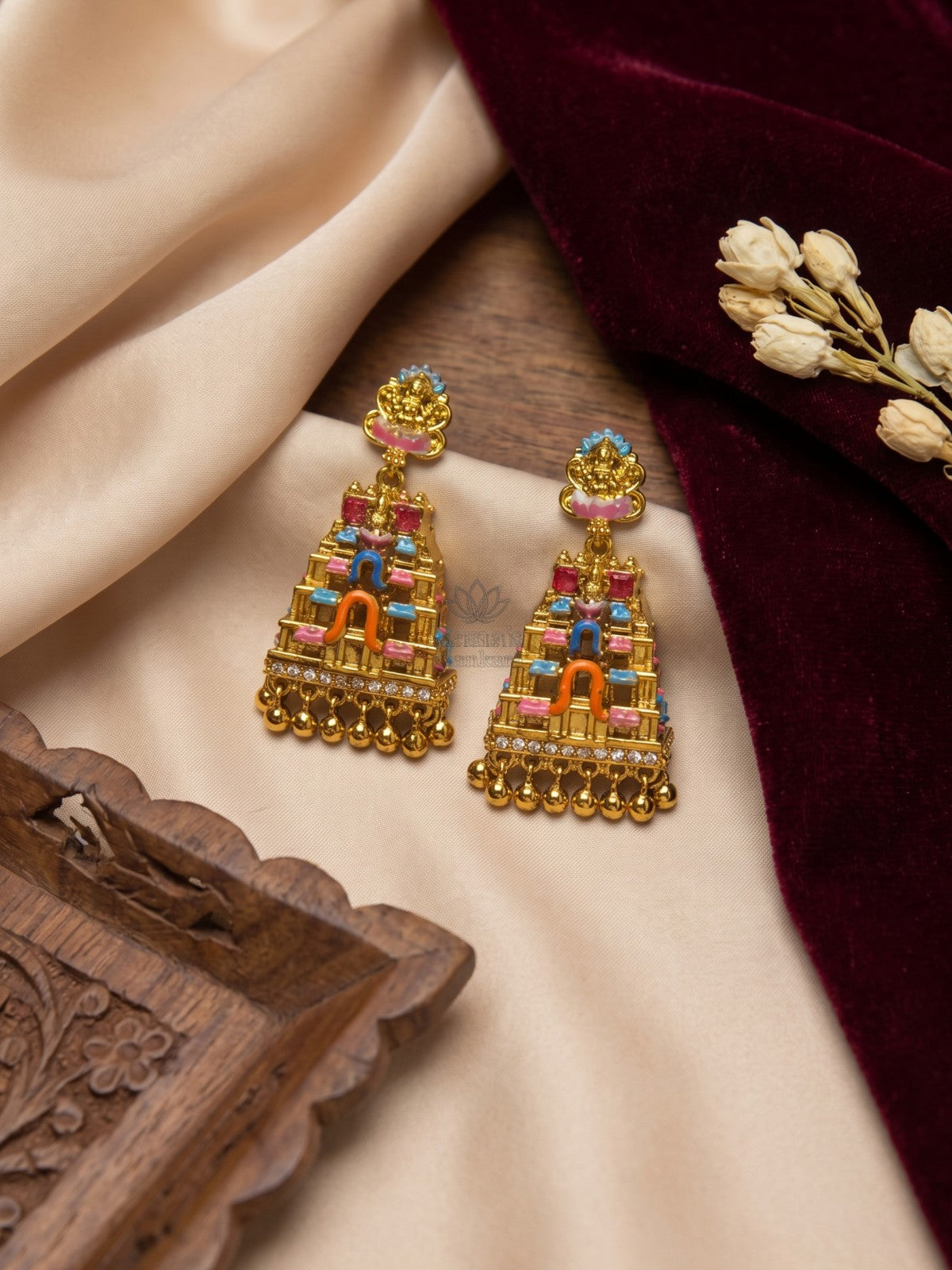 Antique Gold Lakshmi Temple Gopuram Earrings with Multicolor Enamel