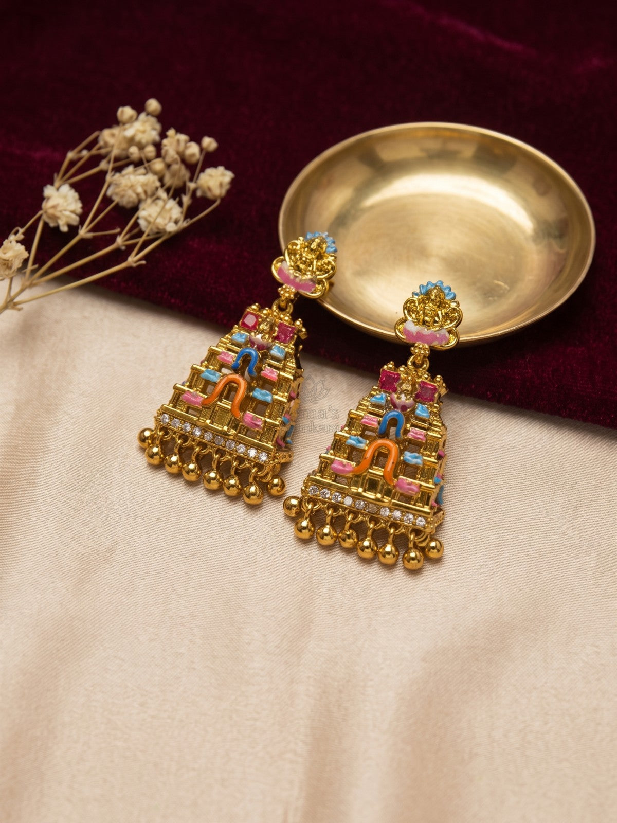 Antique Gold Lakshmi Temple Gopuram Earrings with Multicolor Enamel