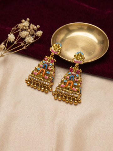 Antique Gold Lakshmi Temple Gopuram Earrings with Multicolor Enamel