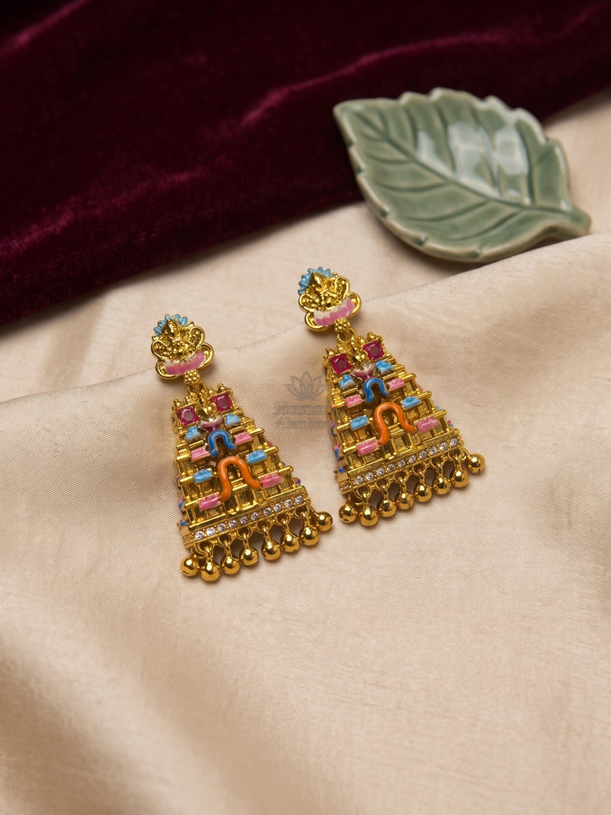 Antique Gold Lakshmi Temple Gopuram Earrings with Multicolor Enamel