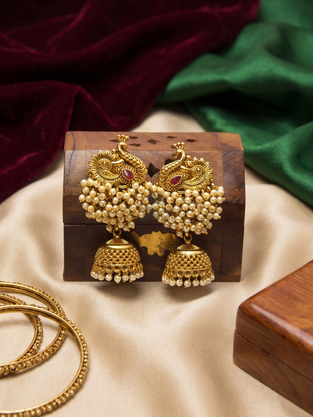 Antique Peacock White Bead Cluster Jhumka Earrings