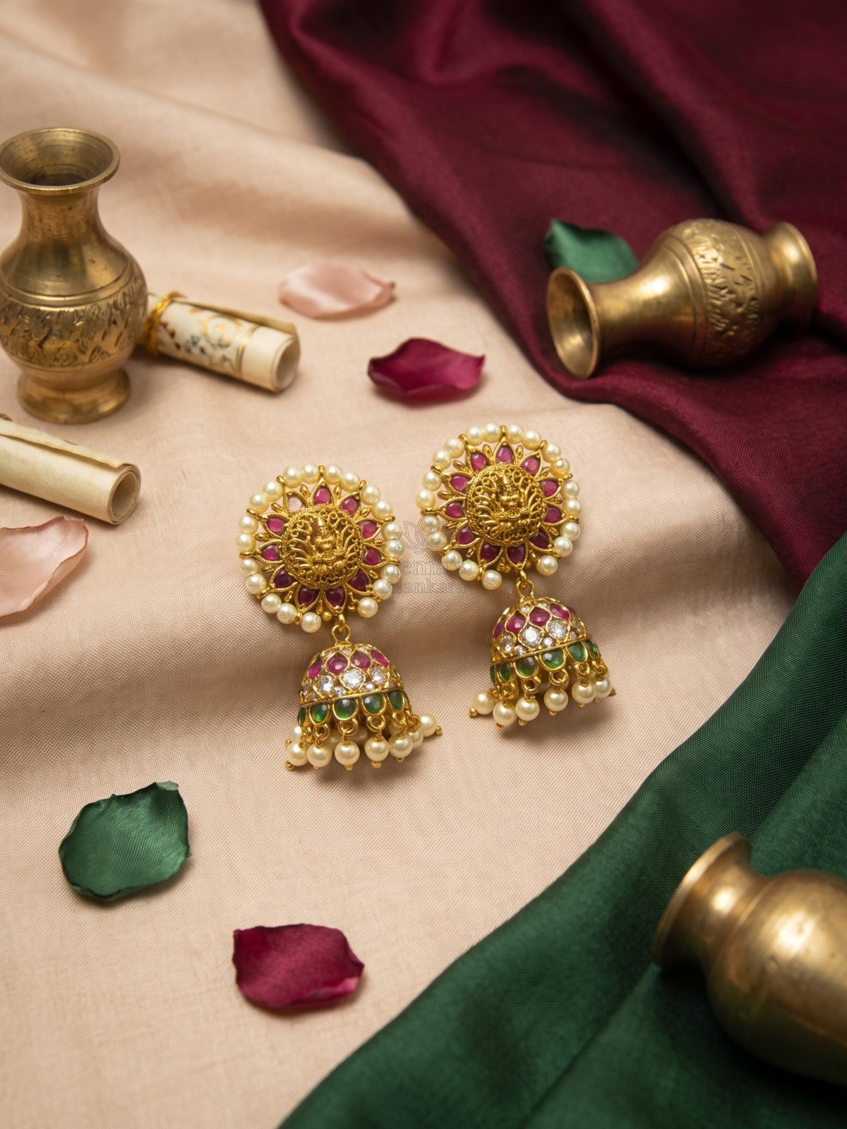 Antique Gold Circular Lakshmi Kemp Jhumka Earrings with Pearl Border