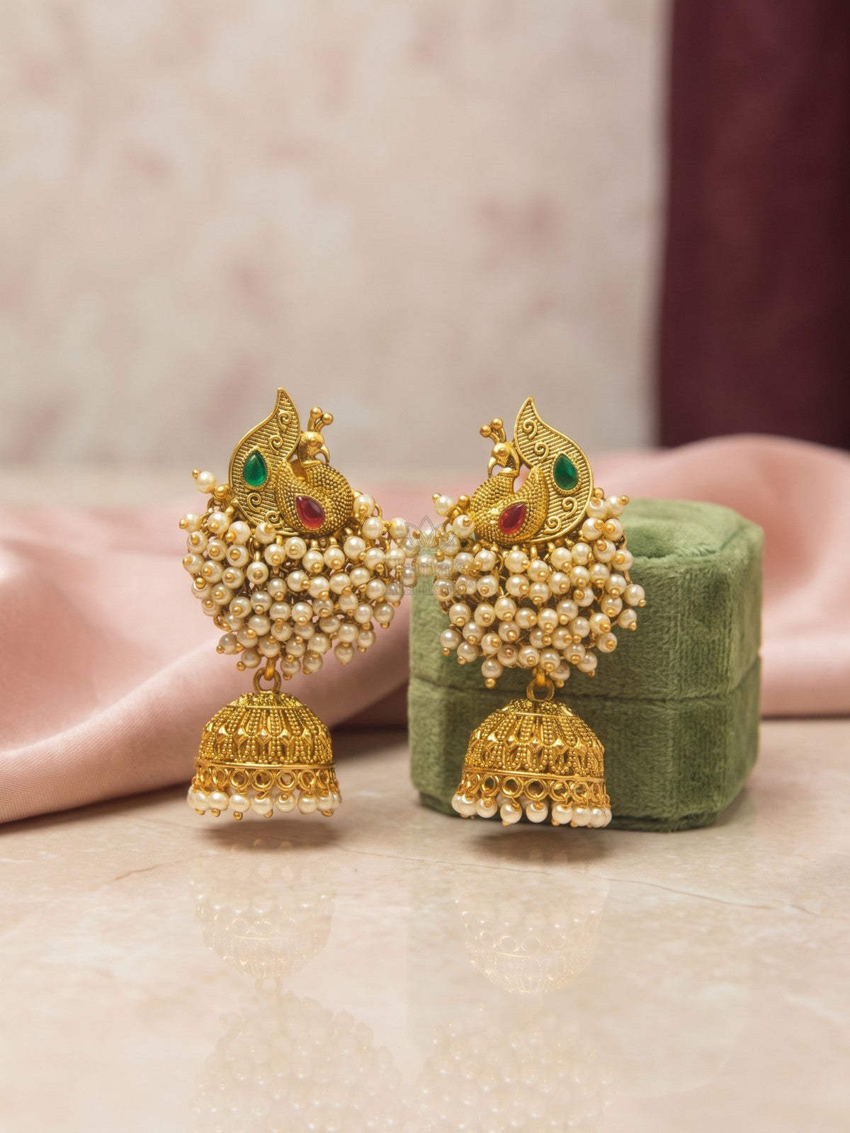 Peacock White Bead Cluster Jhumka Earrings