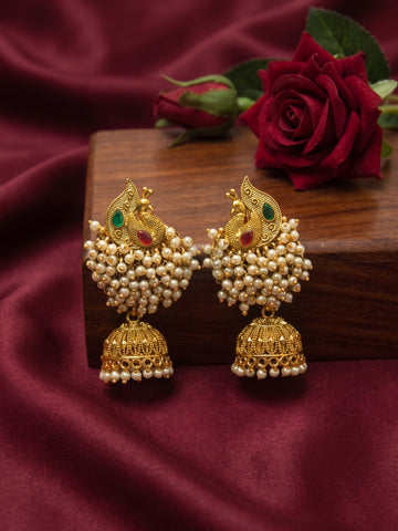 Peacock White Bead Cluster Jhumka Earrings