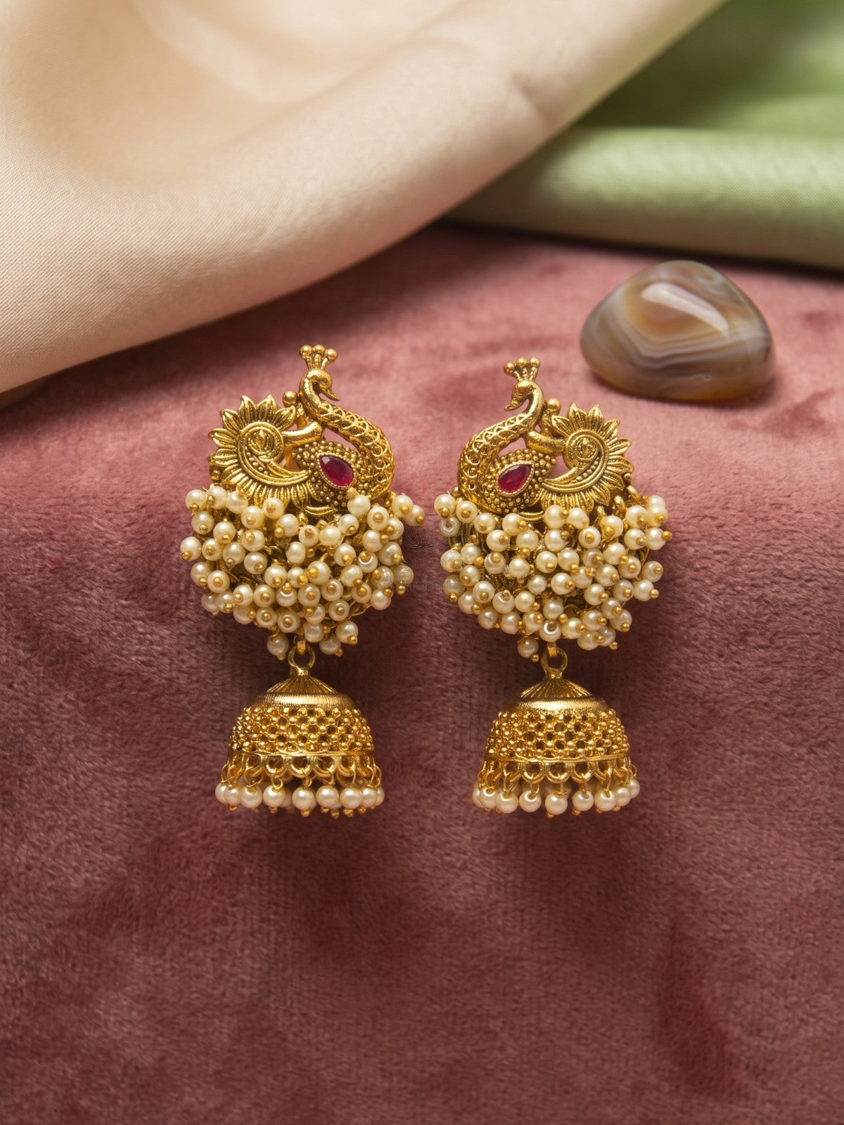 Antique Peacock White Bead Cluster Jhumka Earrings