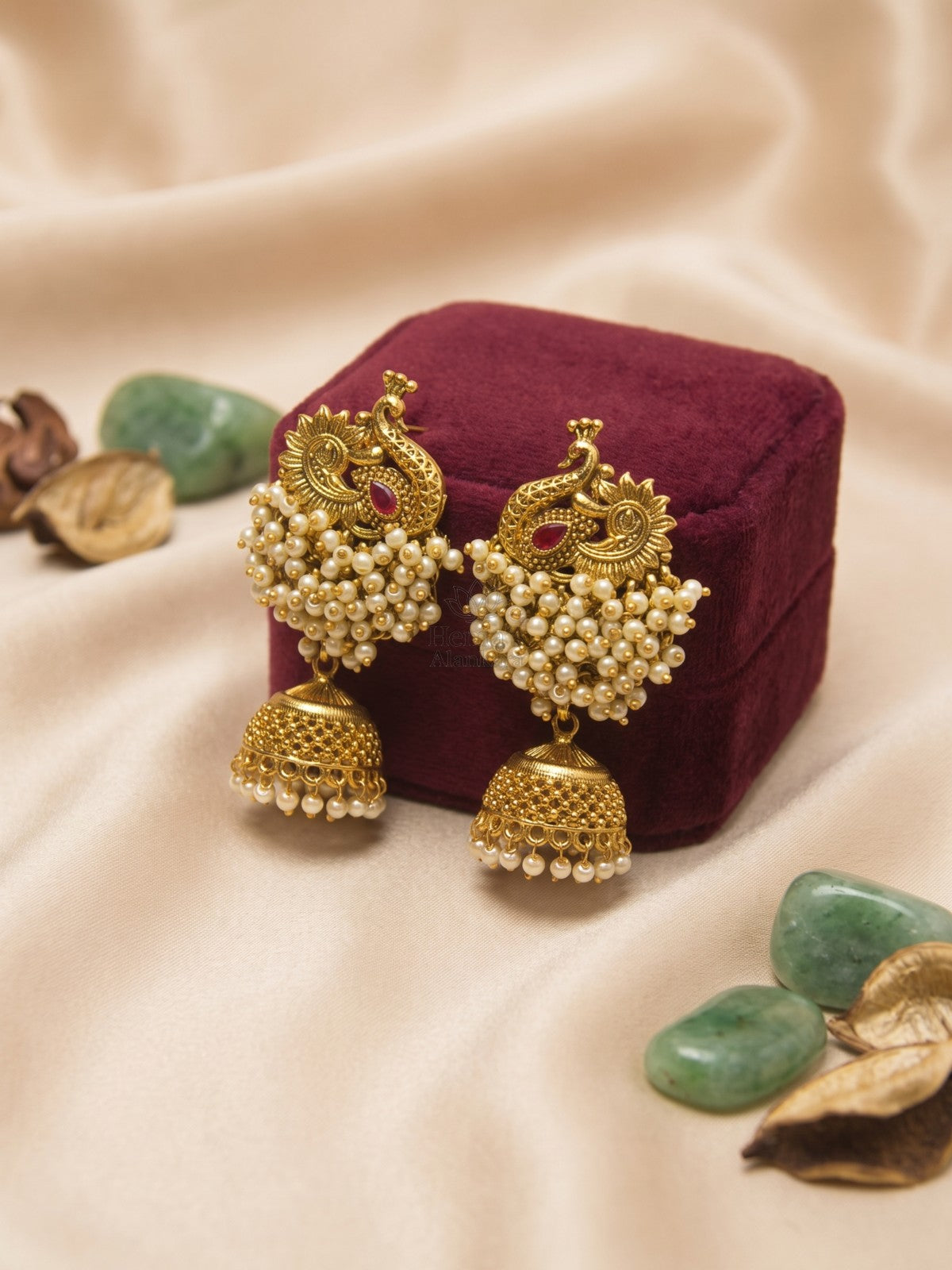 Antique Peacock White Bead Cluster Jhumka Earrings
