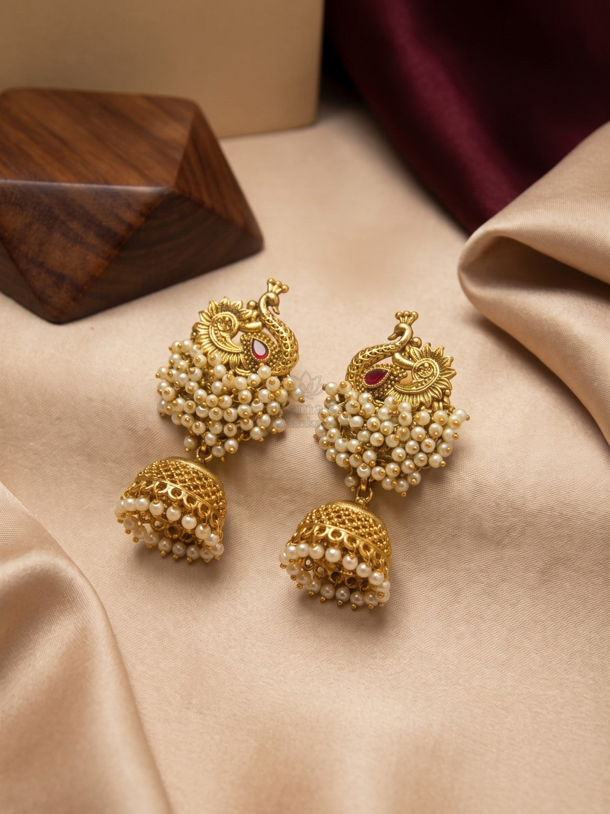Antique Peacock White Bead Cluster Jhumka Earrings