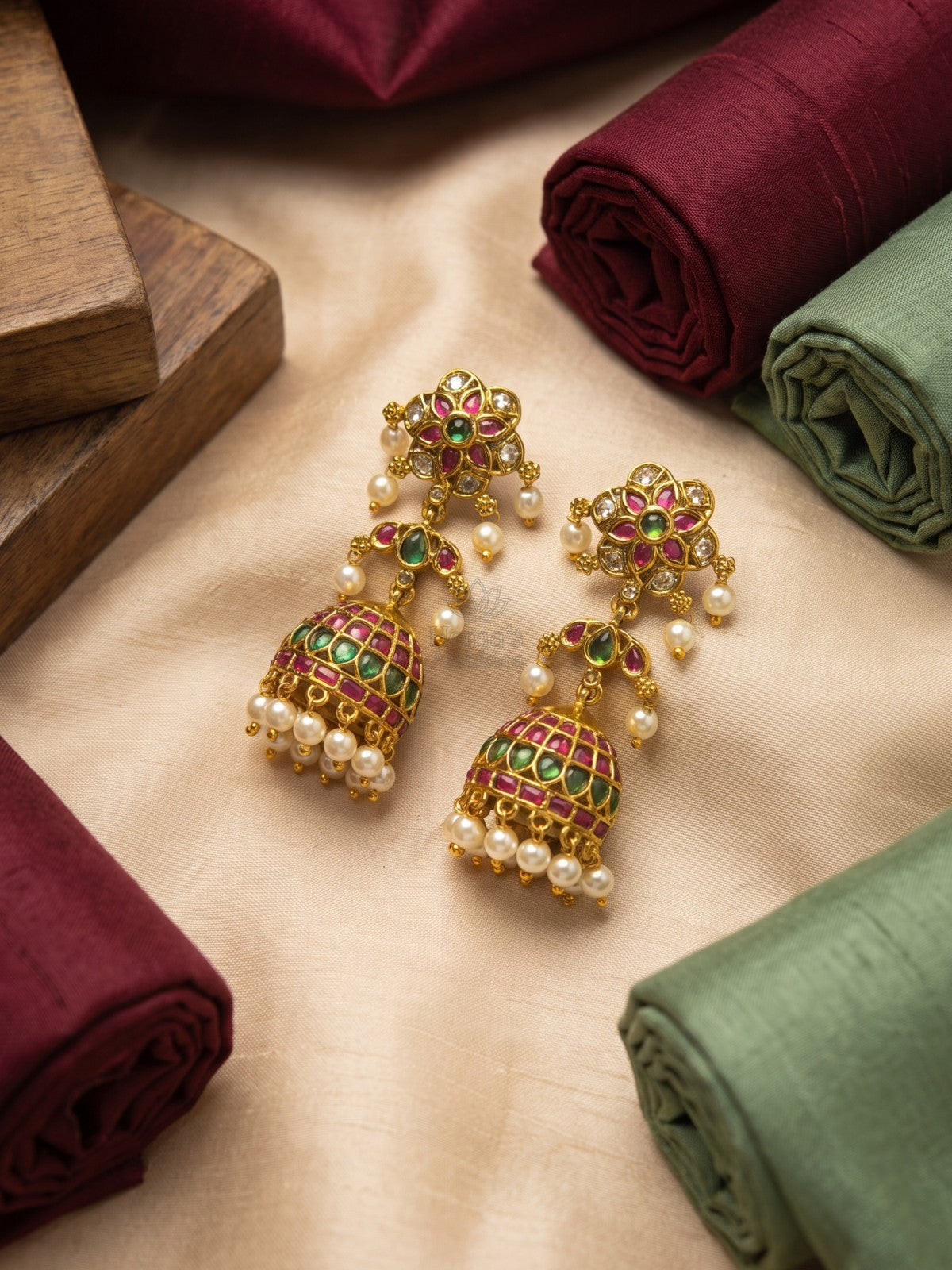 Antique Gold Ruby Green Kemp Jhumka Earrings with Pearl Drops