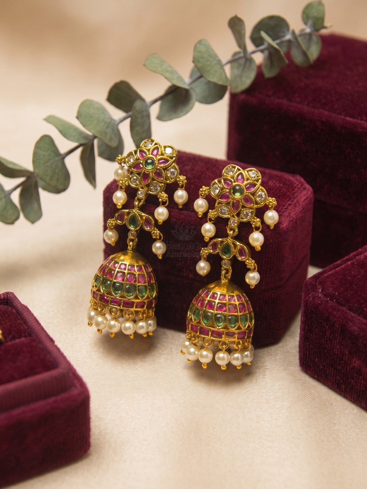 Antique Gold Ruby Green Kemp Jhumka Earrings with Pearl Drops