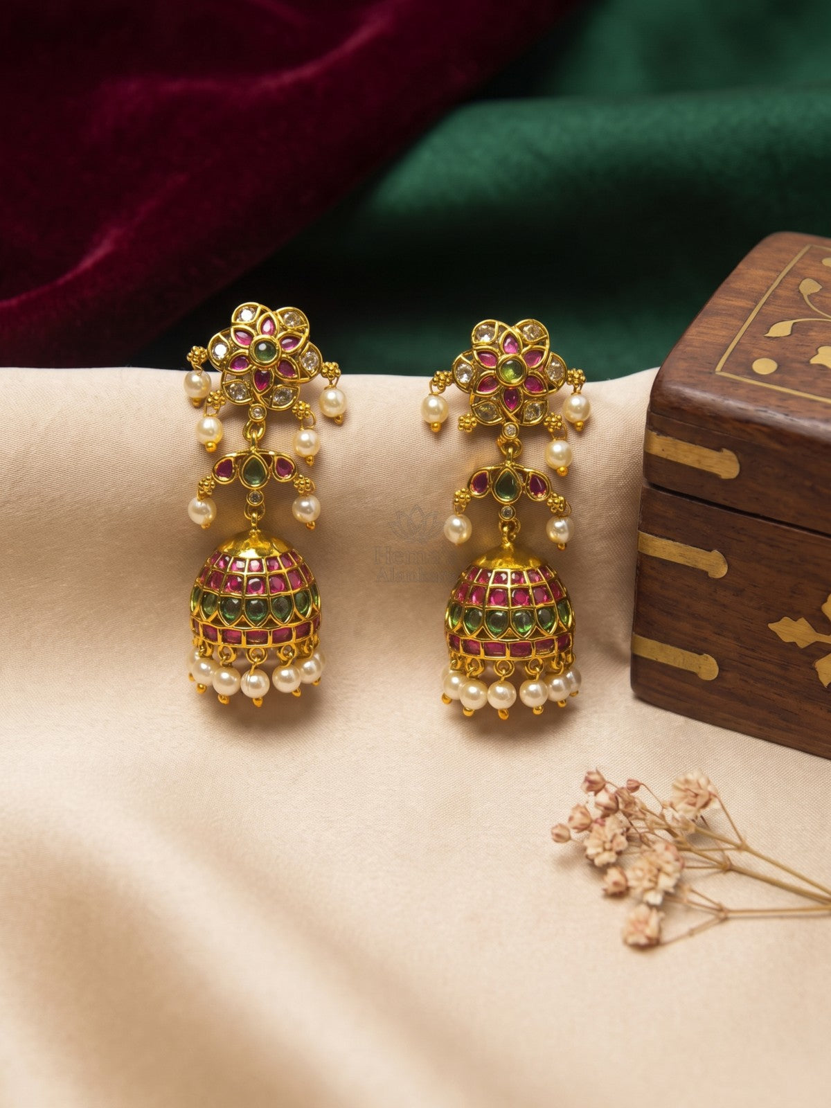 Antique Gold Ruby Green Kemp Jhumka Earrings with Pearl Drops