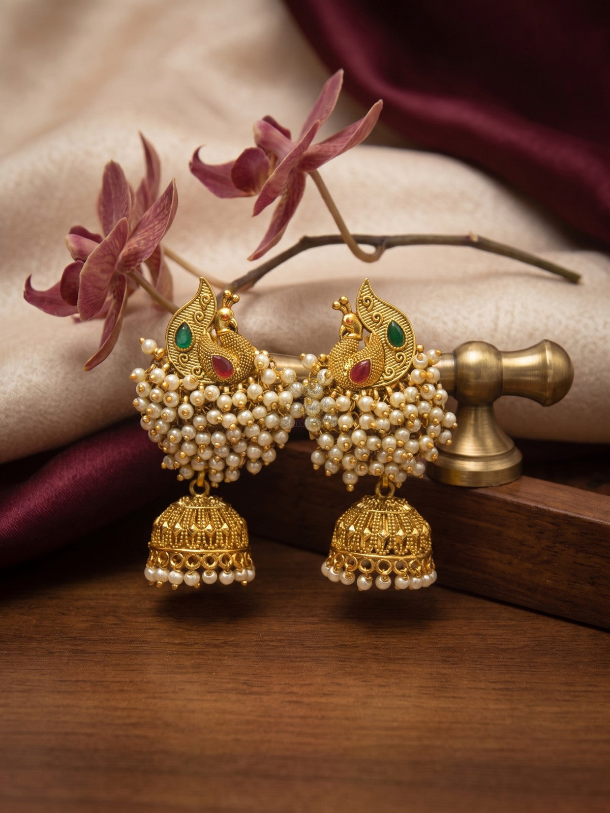 Peacock White Bead Cluster Jhumka Earrings
