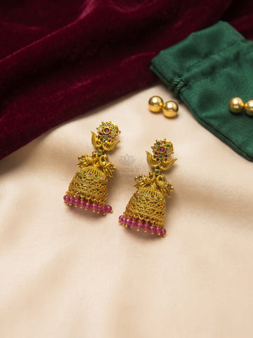 Antique Gold Peacock Jhumka Earrings with Ruby Green Stones & Pink Beads