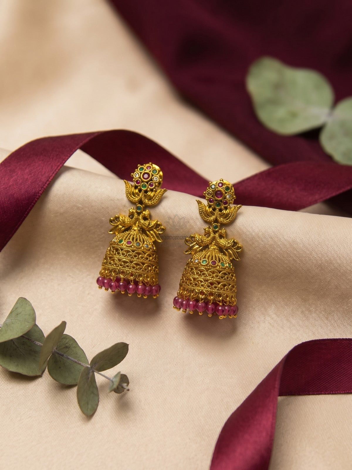 Antique Gold Peacock Jhumka Earrings with Ruby Green Stones & Pink Beads