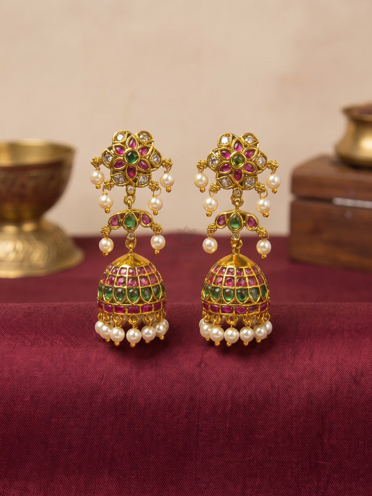 Antique Gold Ruby Green Kemp Jhumka Earrings with Pearl Drops